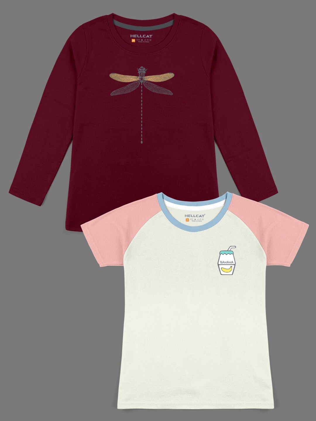 

HELLCAT Girls Pink & Maroon Set Of 2 Bio Finish T-shirt