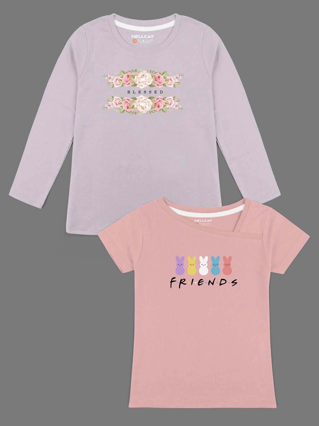 HELLCAT Girls Purple Typography Cotton Set Of 2 Printed Bio Finish T-shirt