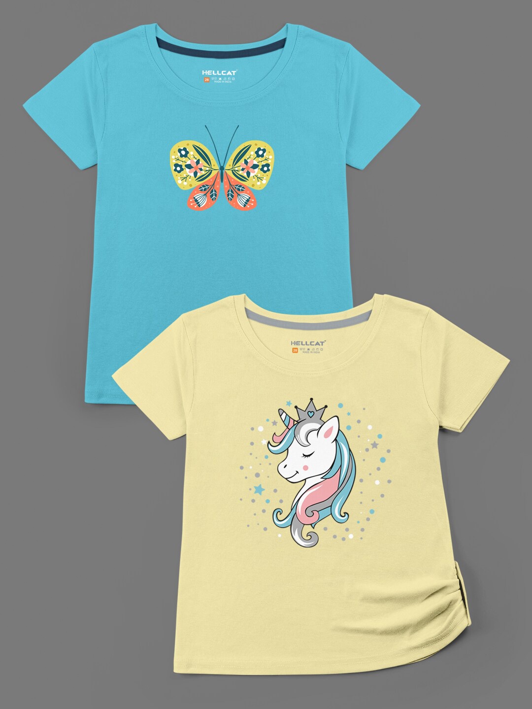 

HELLCAT Girls Pack of 2 Blue & Yellow Printed Bio Finish T-shirt