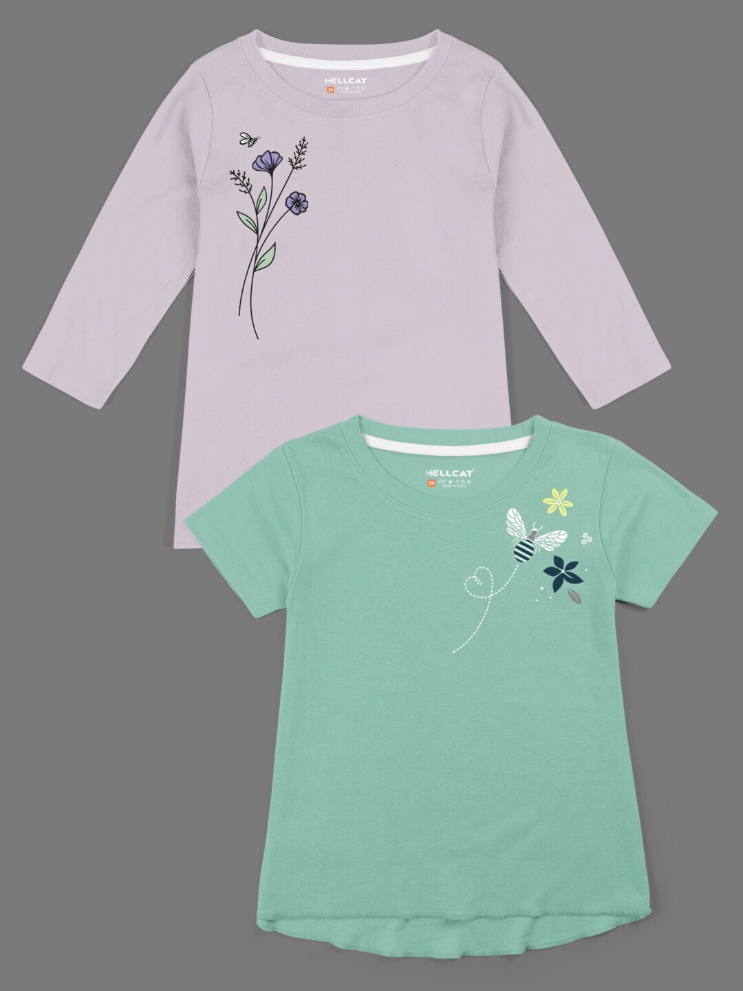 

HELLCAT Girls Pack of 2 Green & Lavender Floral Printed Bio Finish T-shirt