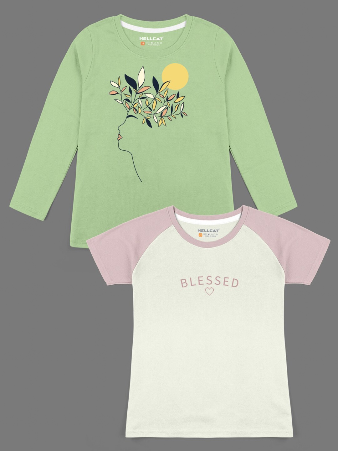 

HELLCAT Girls Pack of 2 Green Typography Printed Bio Finish Cotton T-shirt