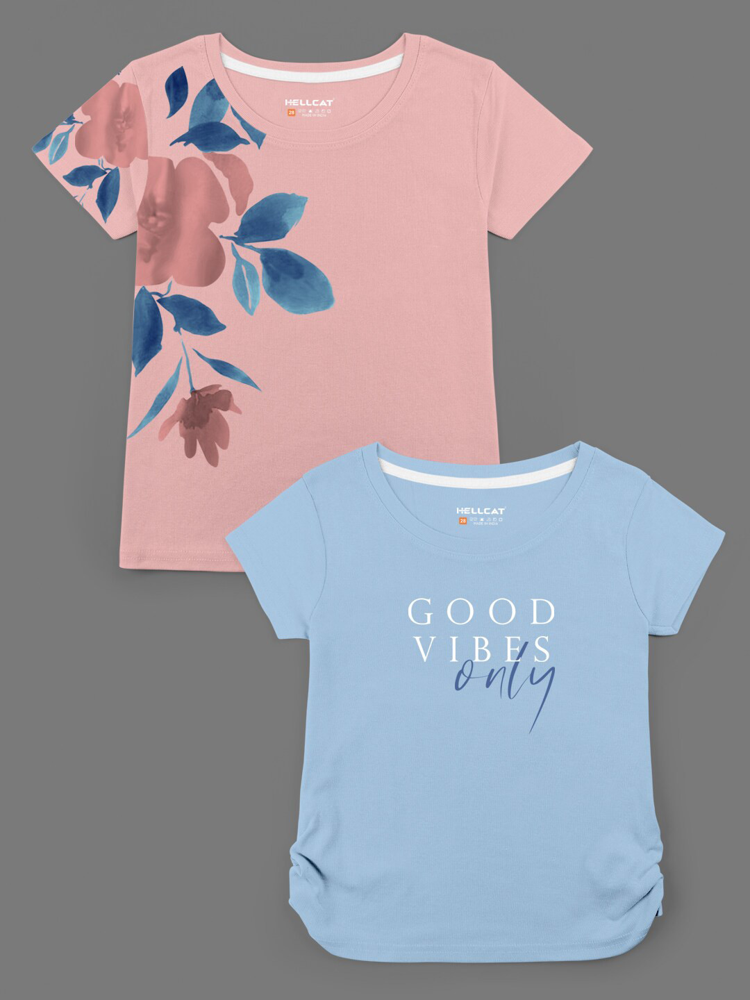 

HELLCAT Girls Peach and Blue Coloured Pack of 2 Printed Bio Finish T-shirt