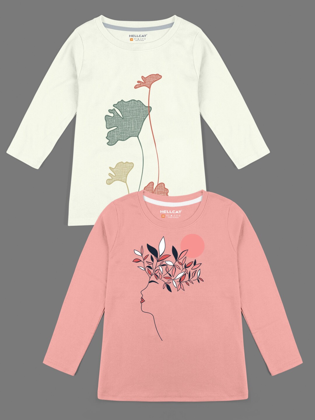 

HELLCAT Girls Peach & Off White Set Of 2 Printed Cotton Full Sleeve T-shirt