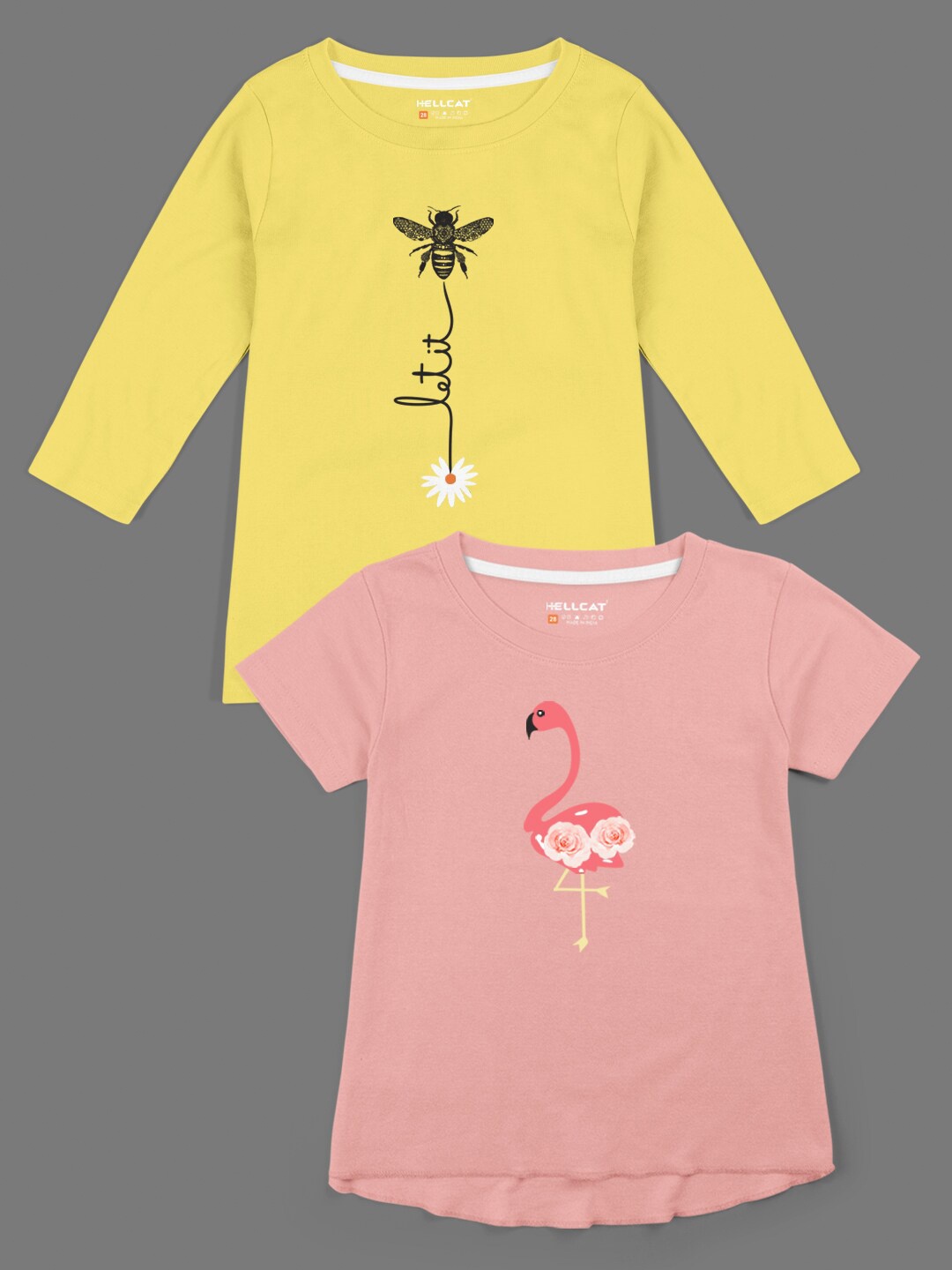 

HELLCAT Girls Yellow & Peach-Coloured 2 Printed Bio Finish T-shirt