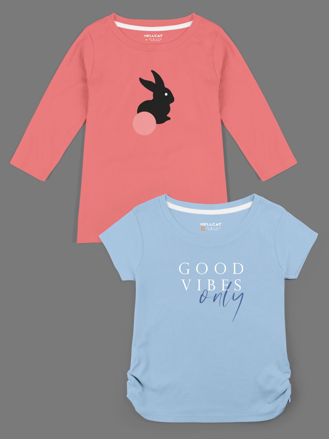 

HELLCAT Girls Pack of 2 Coral & Blue Typography Printed T-shirt