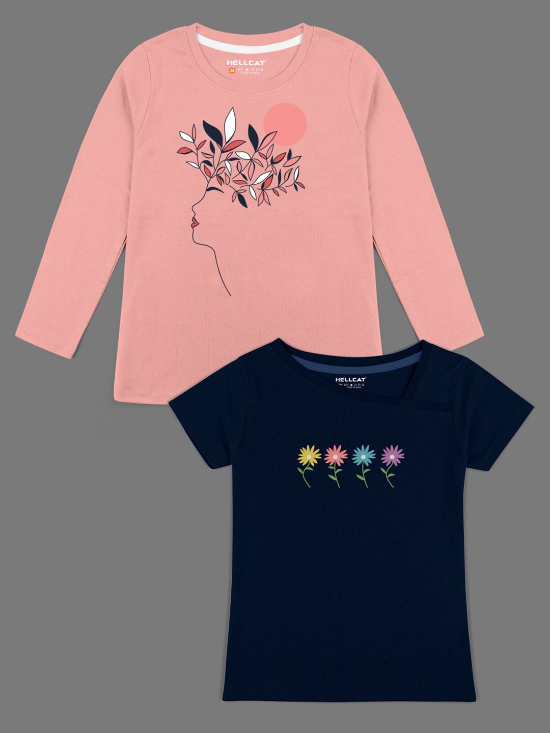 

HELLCAT Girls Pack Of 2 Peach-Coloured & Navy Blue Printed Bio Finish T-shirt
