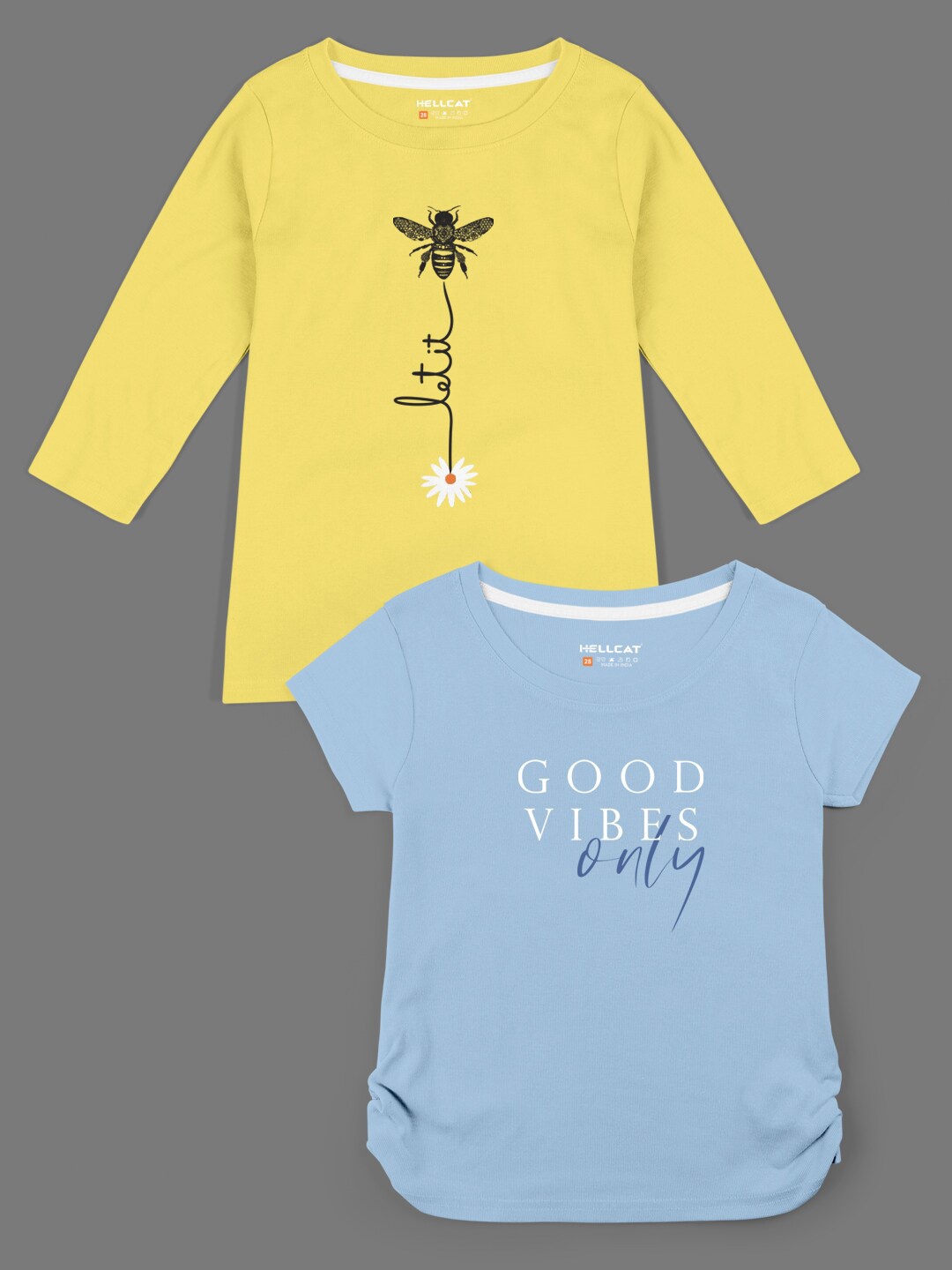 

HELLCAT Pack of 2 Girls Yellow & Blue Typography T-shirt