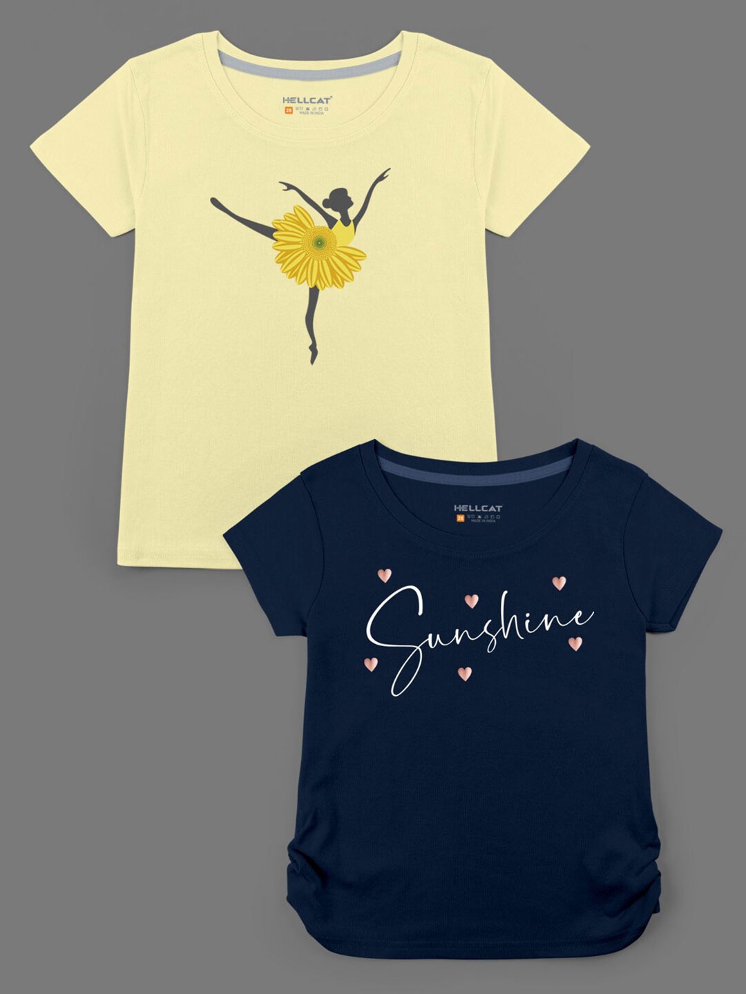 

HELLCAT Girls Pack of 2 Yellow & Navy Blue Printed Bio Finish T-shirt