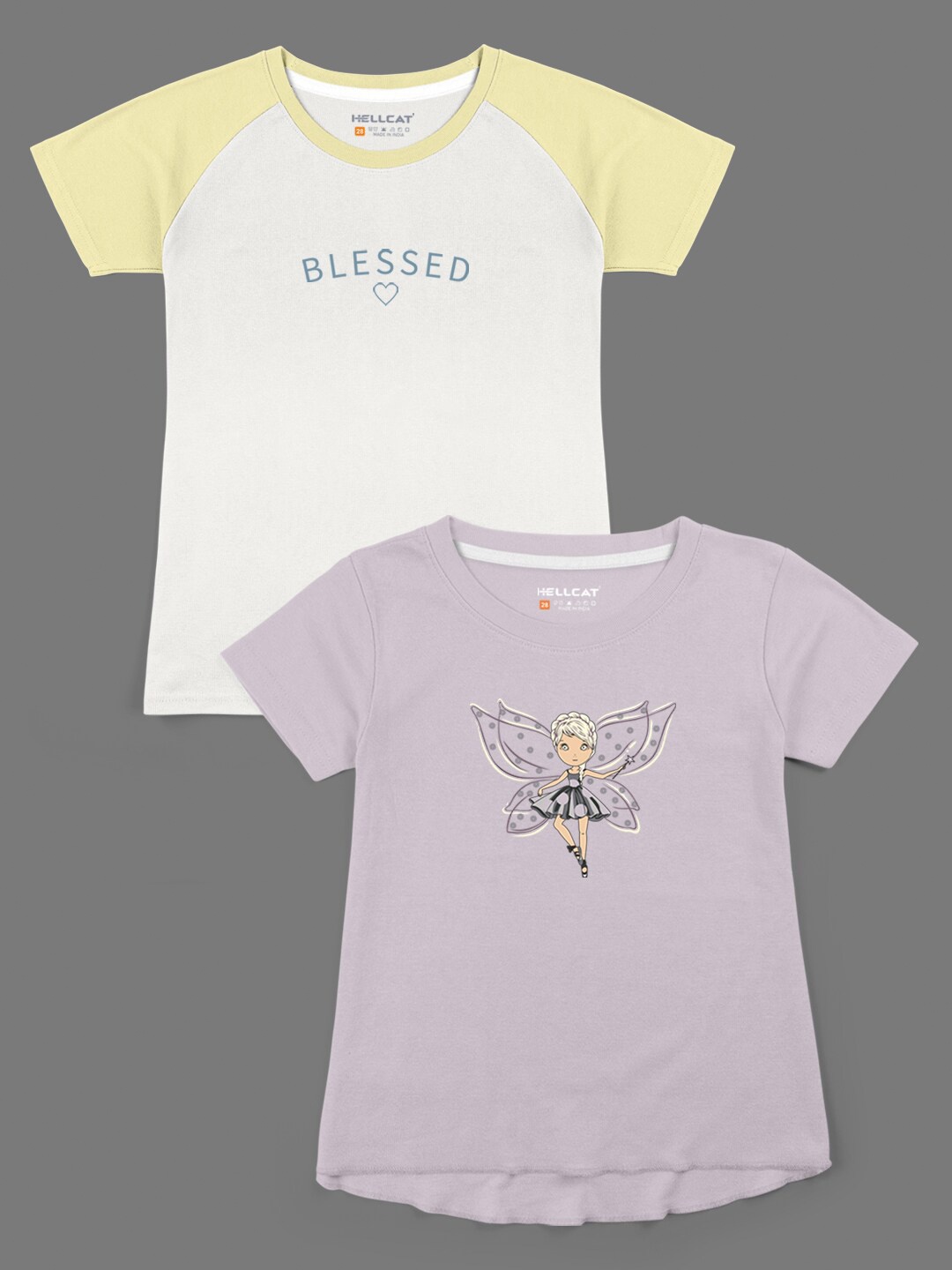 

HELLCAT Girls Set Of 2 Yellow & Lavender Printed Bio Finish T-shirt