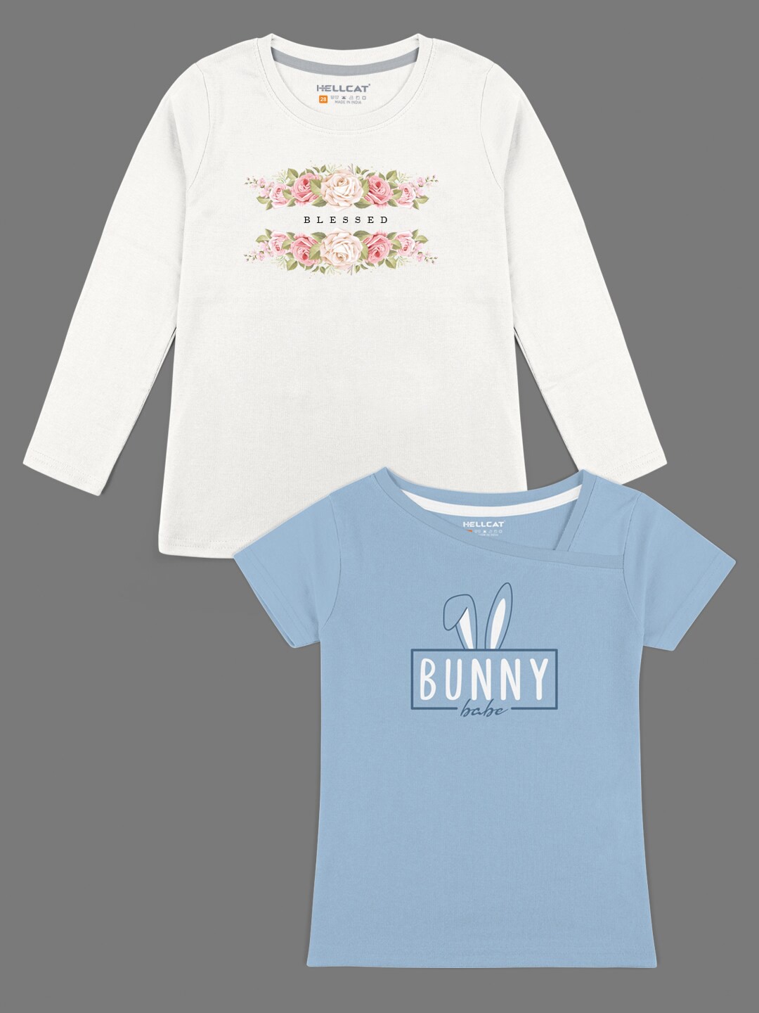 

HELLCAT Girls Off White & Blue Pack of 2 Typography Printed Bio Finish T-shirt
