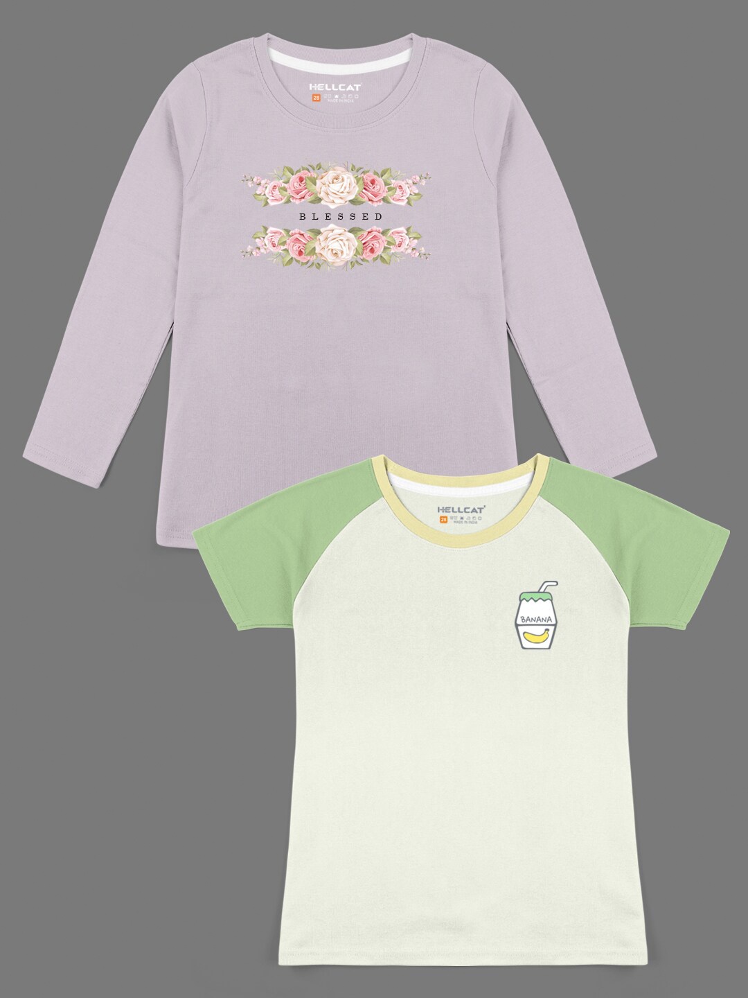 

HELLCAT Girls Lavender & Green Pack Of 2 Printed Bio Finish T-shirt