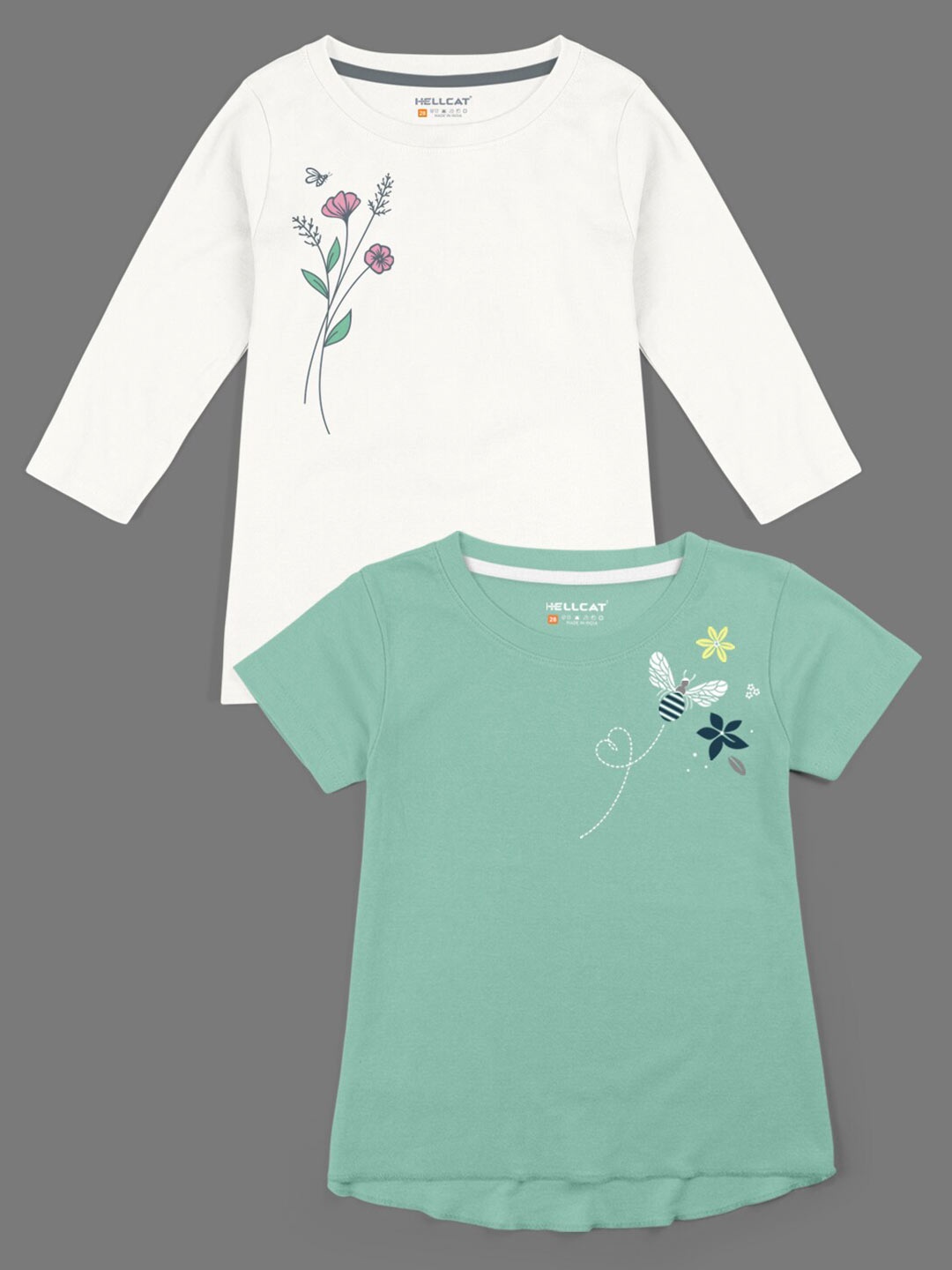 

HELLCAT Girls Set Of 2 Green & White Floral Printed Bio Finish T-shirt