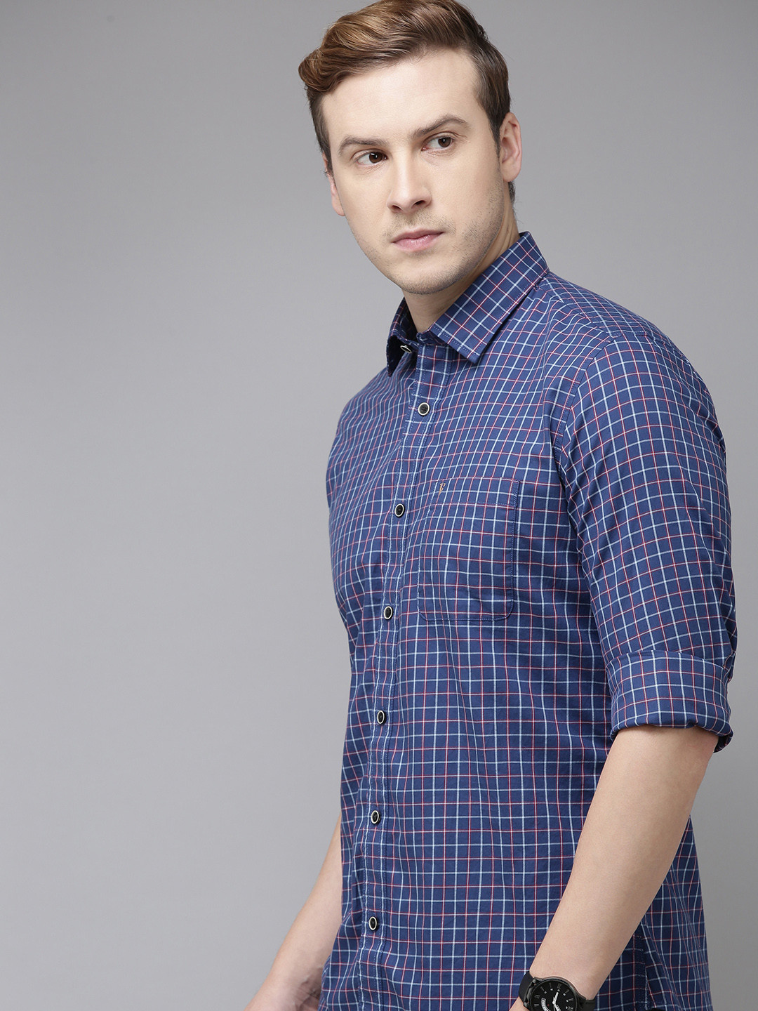 

Van Heusen Sport Men Blue Slim Fit Tartan Checks Opaque Pure Cotton Casual Shirt