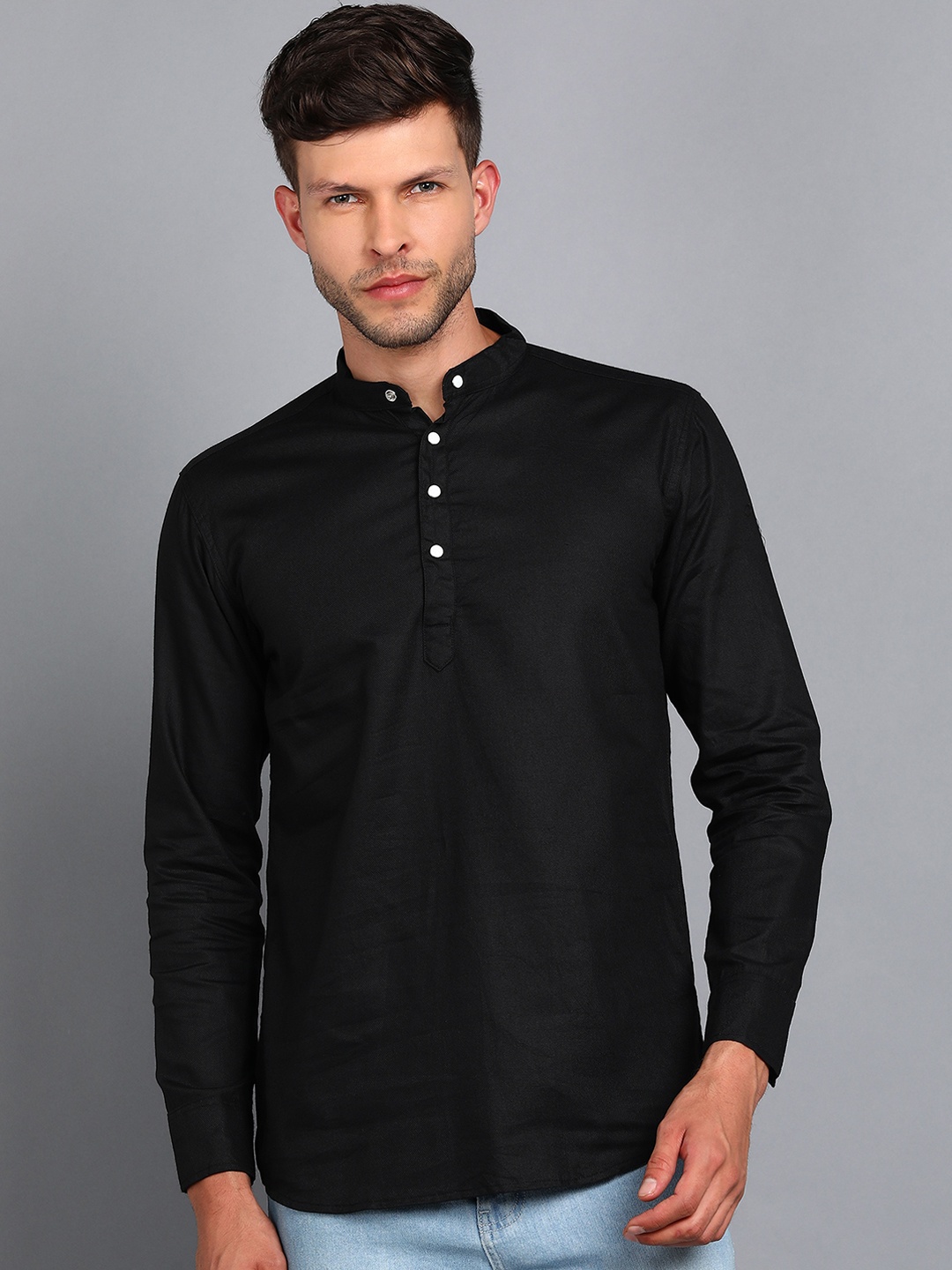 

A-Okay Men Solid Cotton Blend Mandarin Collar Straight Kurta, Black