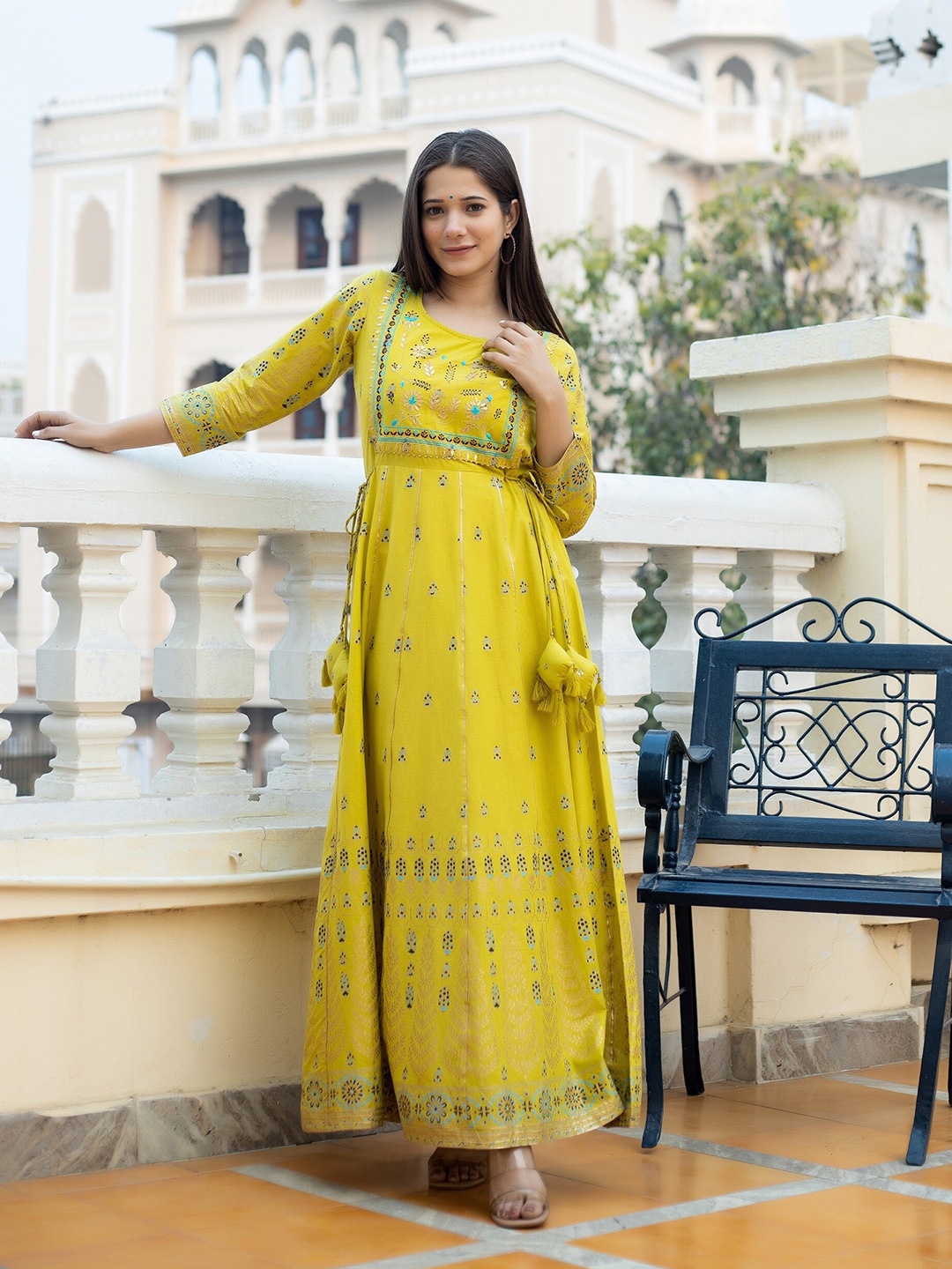 

KAAJH Yellow Floral Ethnic Pure Cotton Maxi Dress