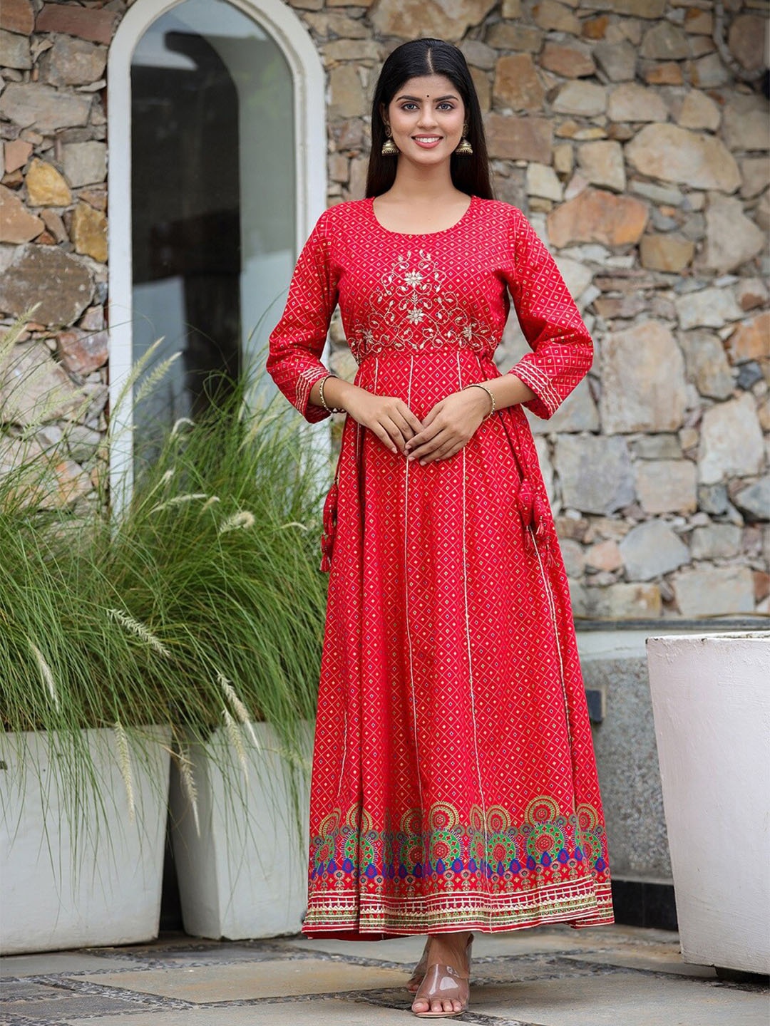 

KAAJH Red Ethnic Motifs Ethnic Maxi Midi Dress