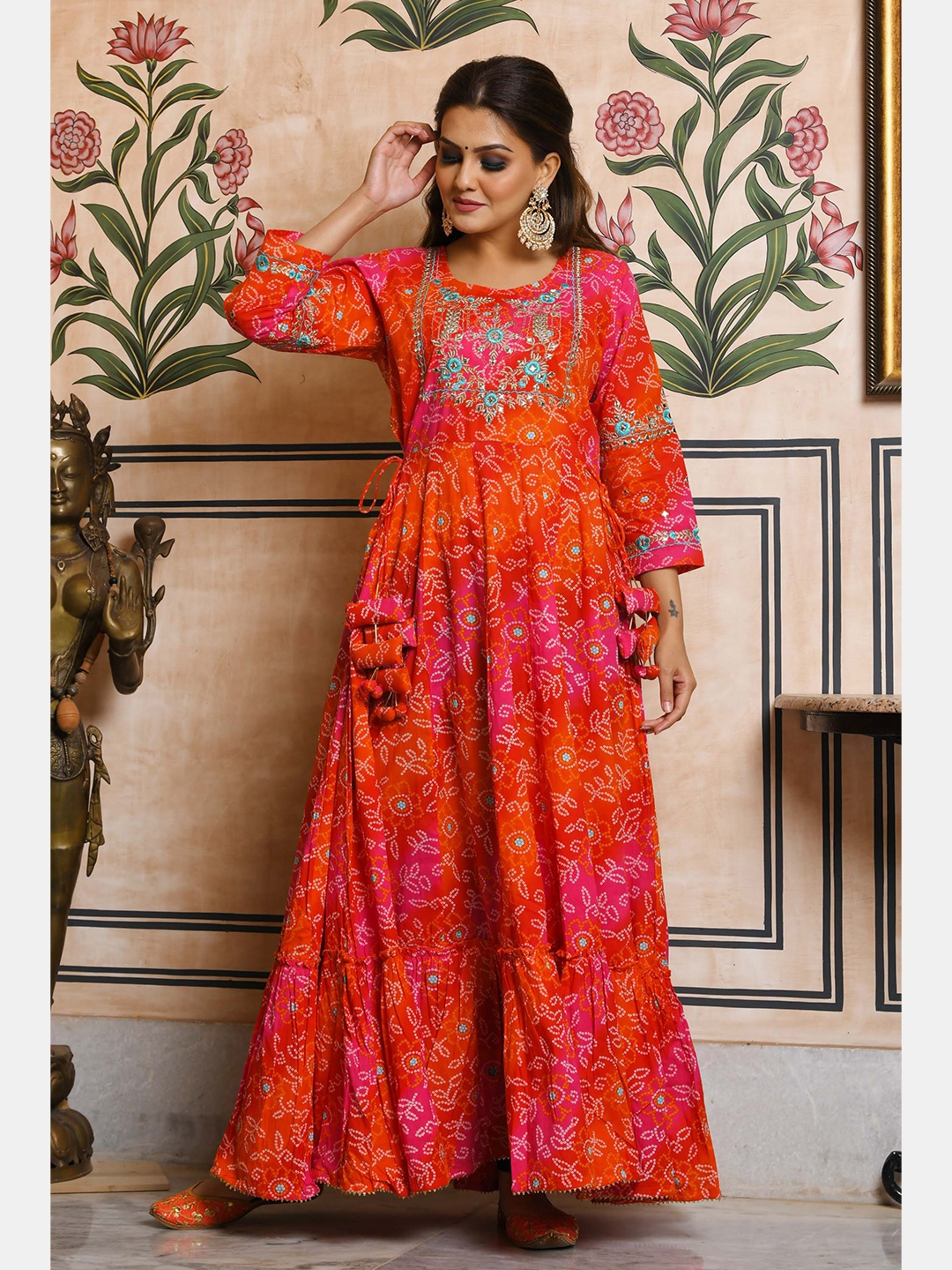 

KAAJH Orange Floral Ethnic Maxi Dress