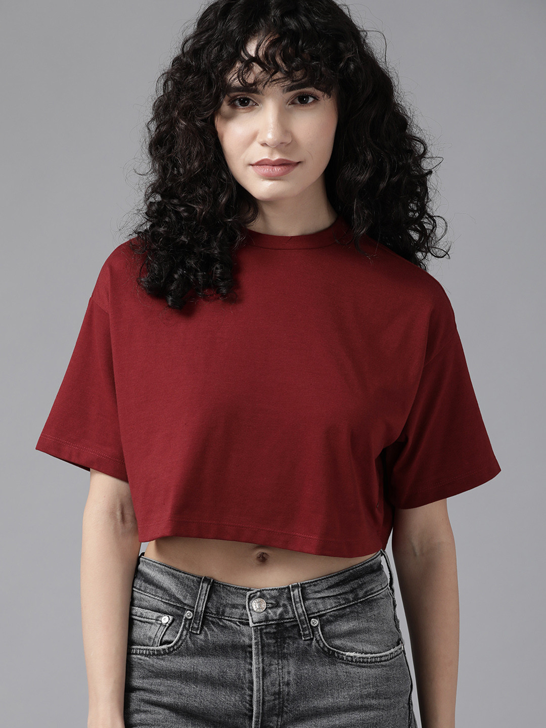 

Roadster Women Maroon Drop-Shoulder Sleeves Loose T-shirt