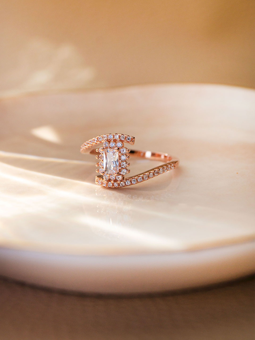 

MANNASH 925 Women Sterling Silver Rose Gold-Plated White CZ Studded Finger Ring