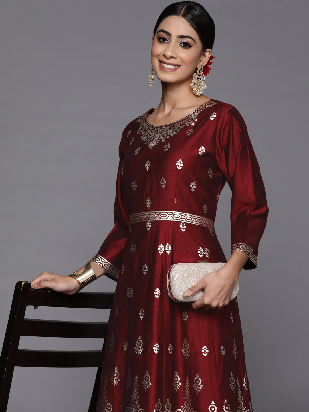 

Indo Era Maroon & Silver Floral Printed Liva Ethnic Maxi Dress