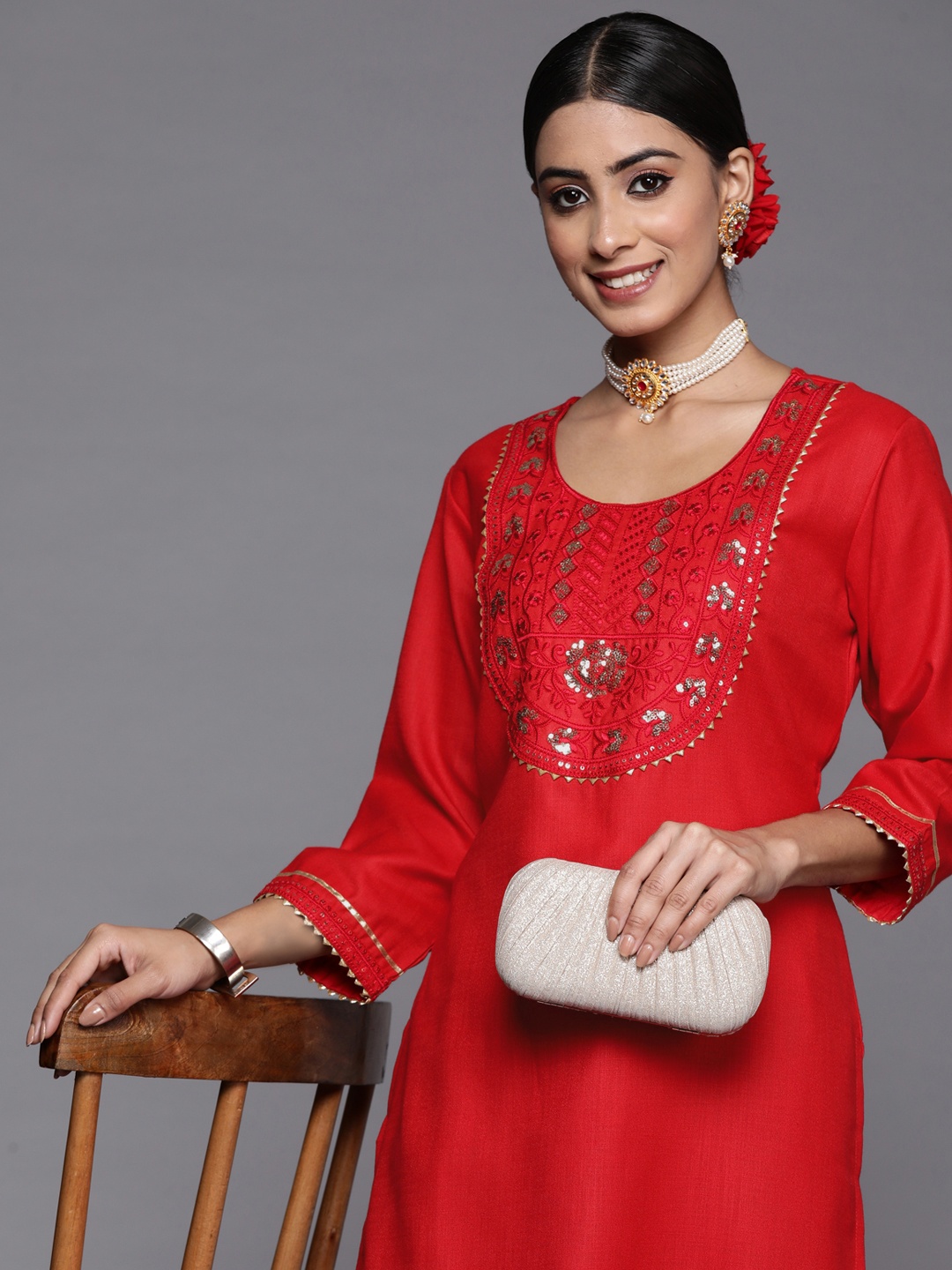 

Indo Era Women Red Ethnic Motifs Embroidered Kurta