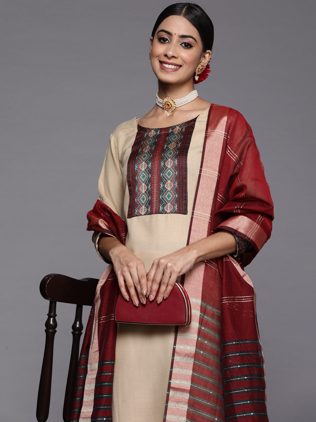 

Indo Era Women Beige Kurta with Palazzos & With Dupatta