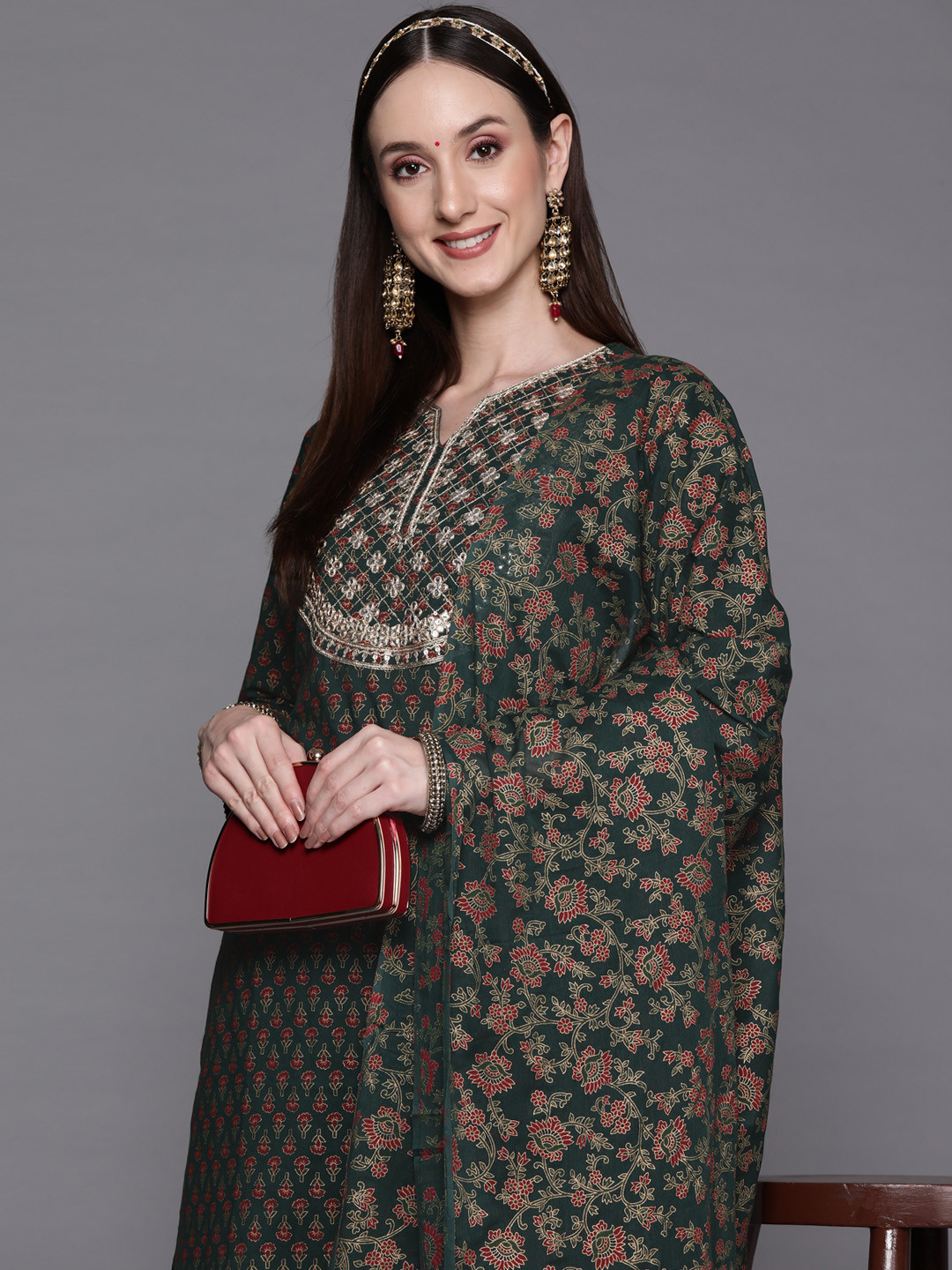 

Indo Era Women Teal Ethnic Motifs Printed Mirror Work Kurta with Palazzos & With Dupatta