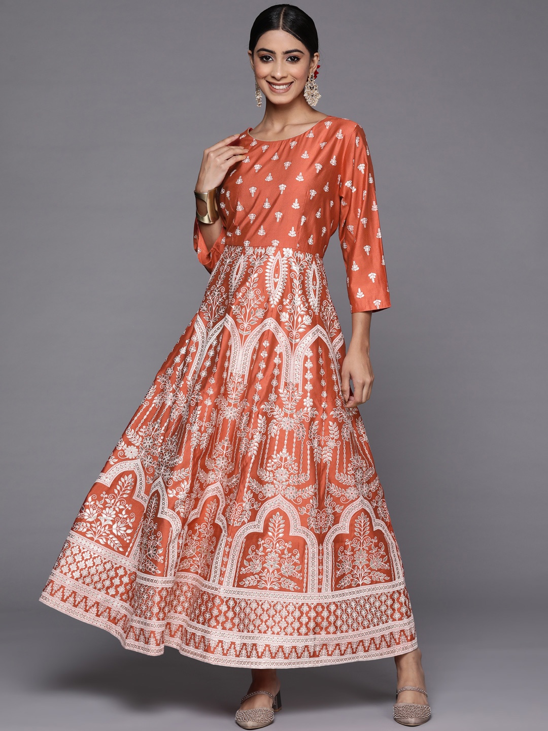 

Indo Era Rust Orange & White Floral Printed Liva Ethnic Maxi Dress