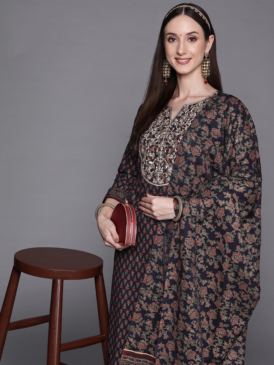 

Indo Era Women Navy Blue Ethnic Motifs Printed Kurta with Palazzos & With Dupatta