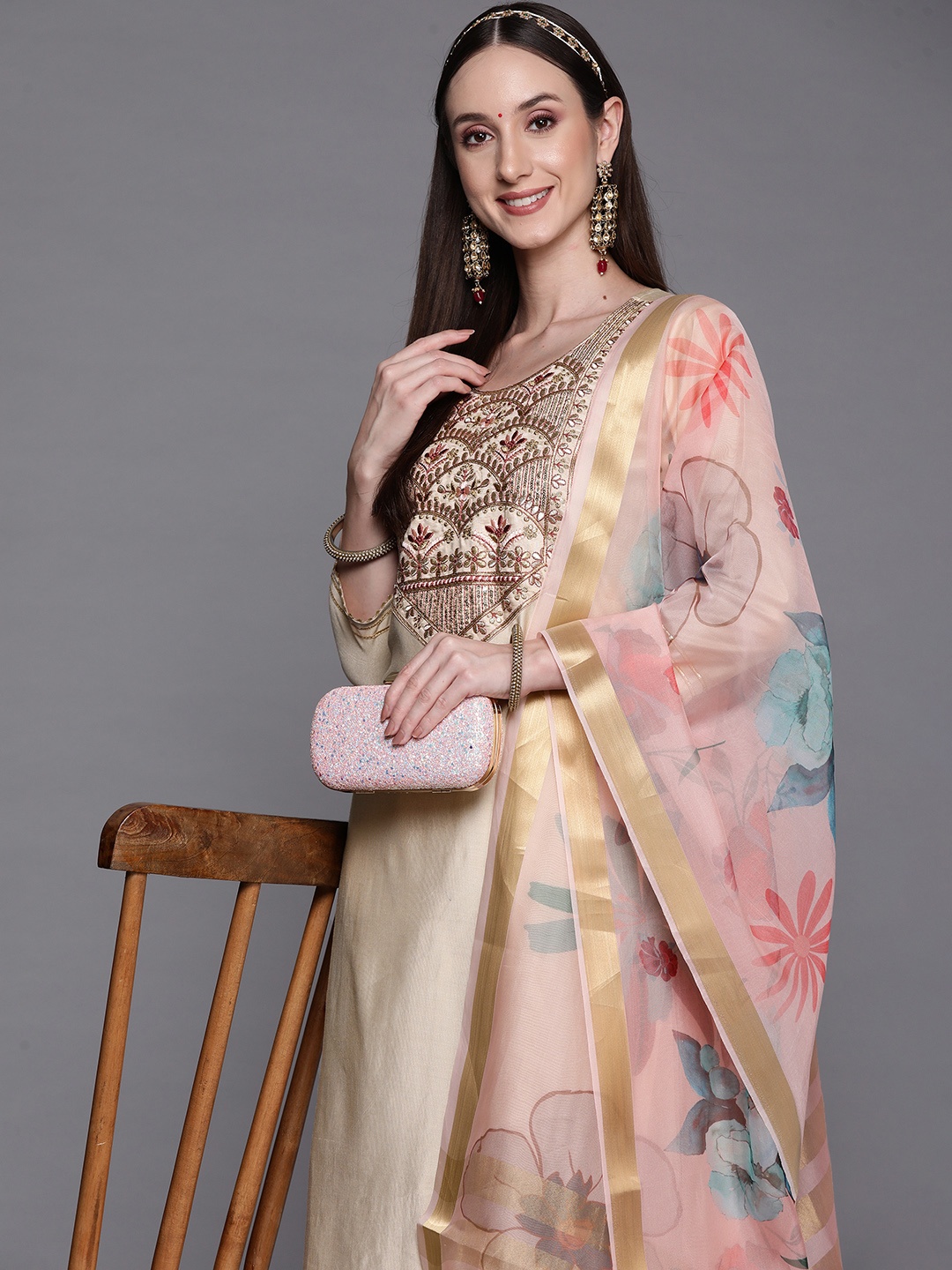 

Indo Era Women Beige Ethnic Motifs Embroidered Thread Work Liva Kurta with Palazzos & With Dupatta