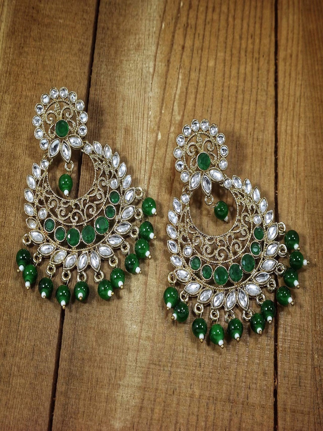 

I Jewels Green & Gold-Toned Classic Chandbalis Earrings