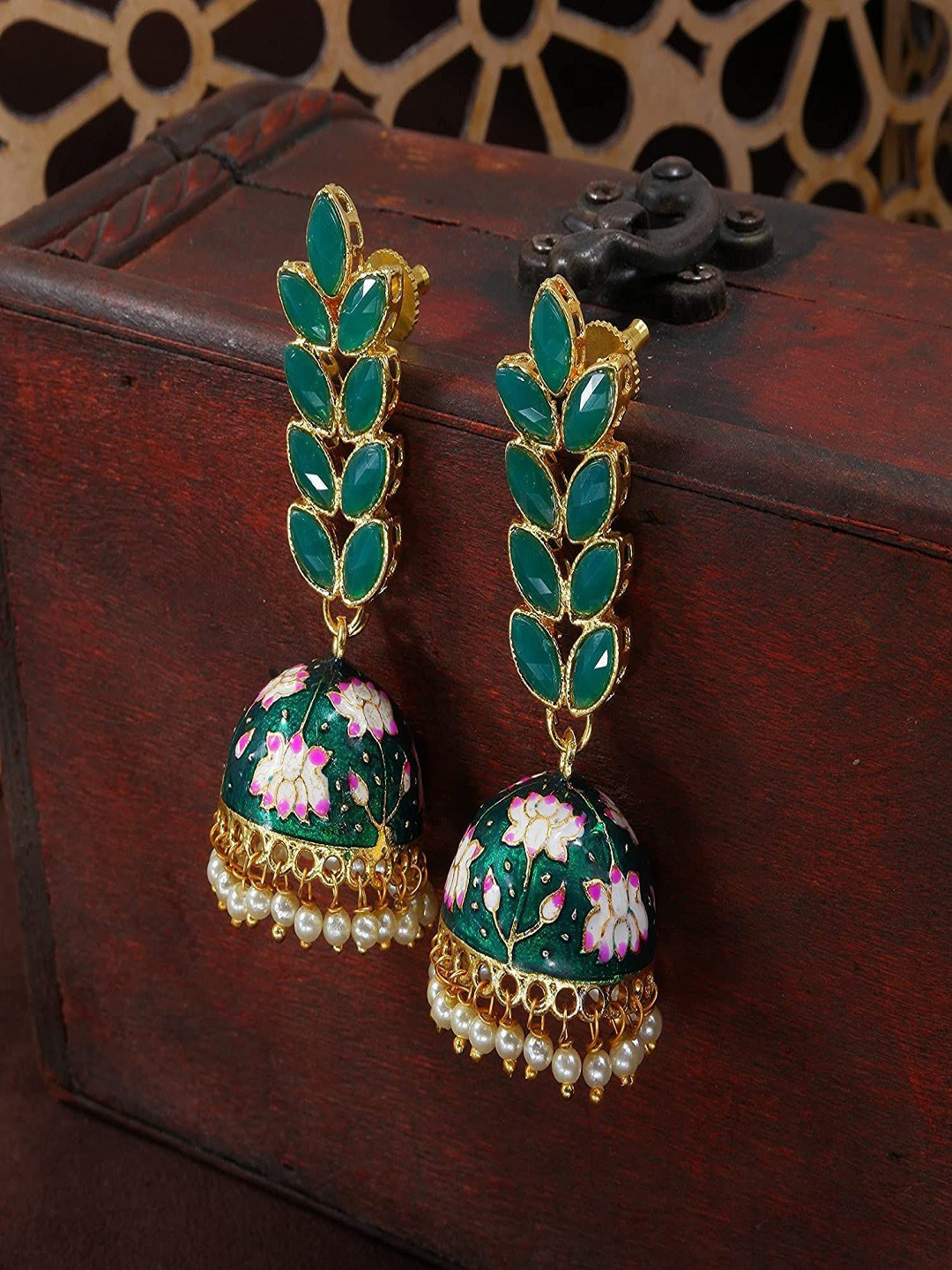 

I Jewels Green & White Dome Shaped Jhumkas Earrings
