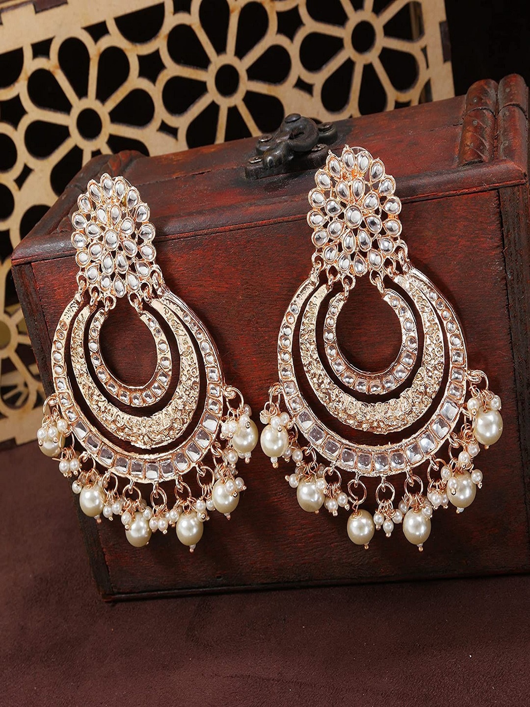 

I Jewels Rose Gold & White Classic Chandbalis Earrings