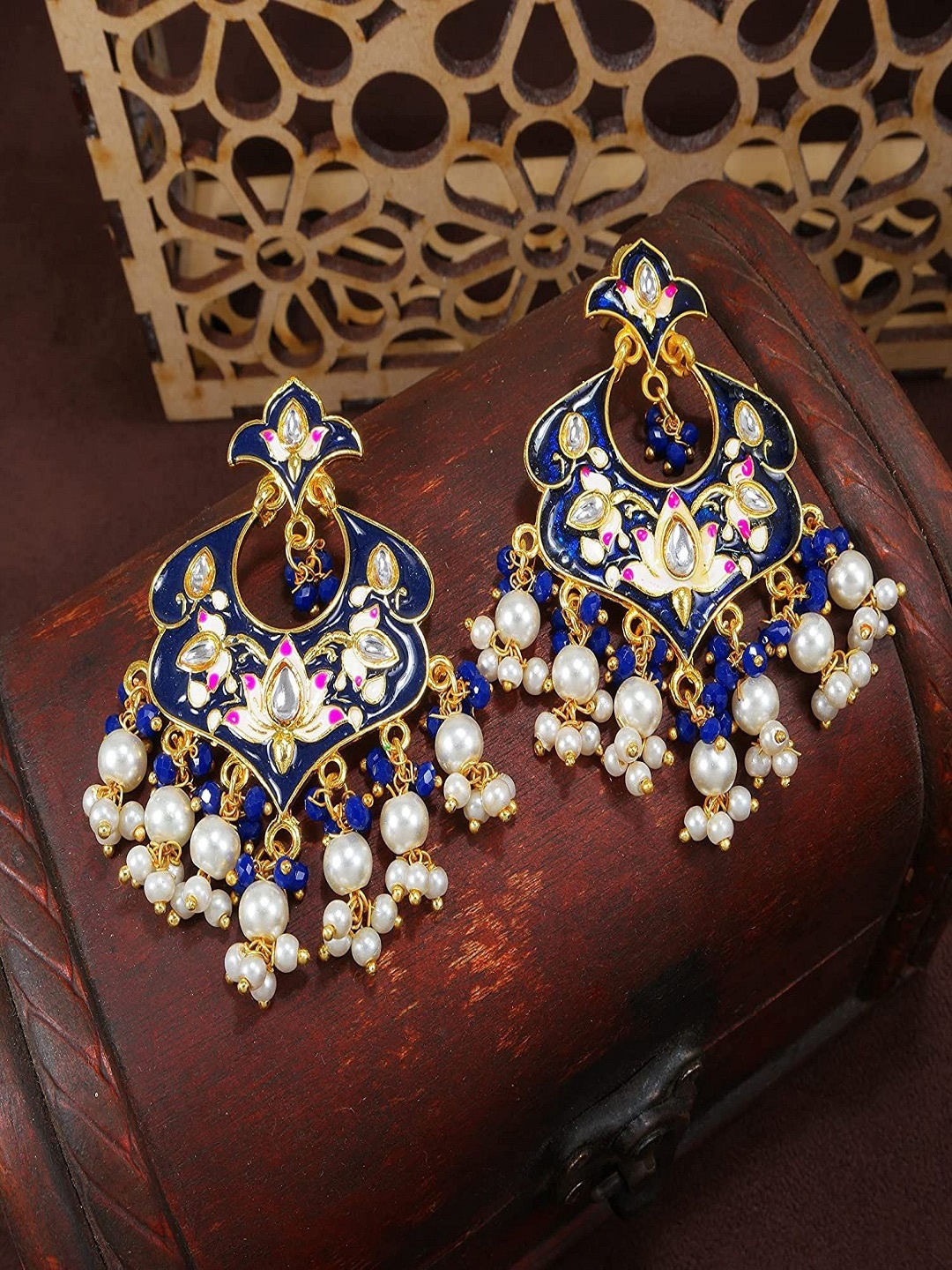 

I Jewels Blue & White Gold Plated Kundan & Faux Pearl Studded Chandbali Earrings