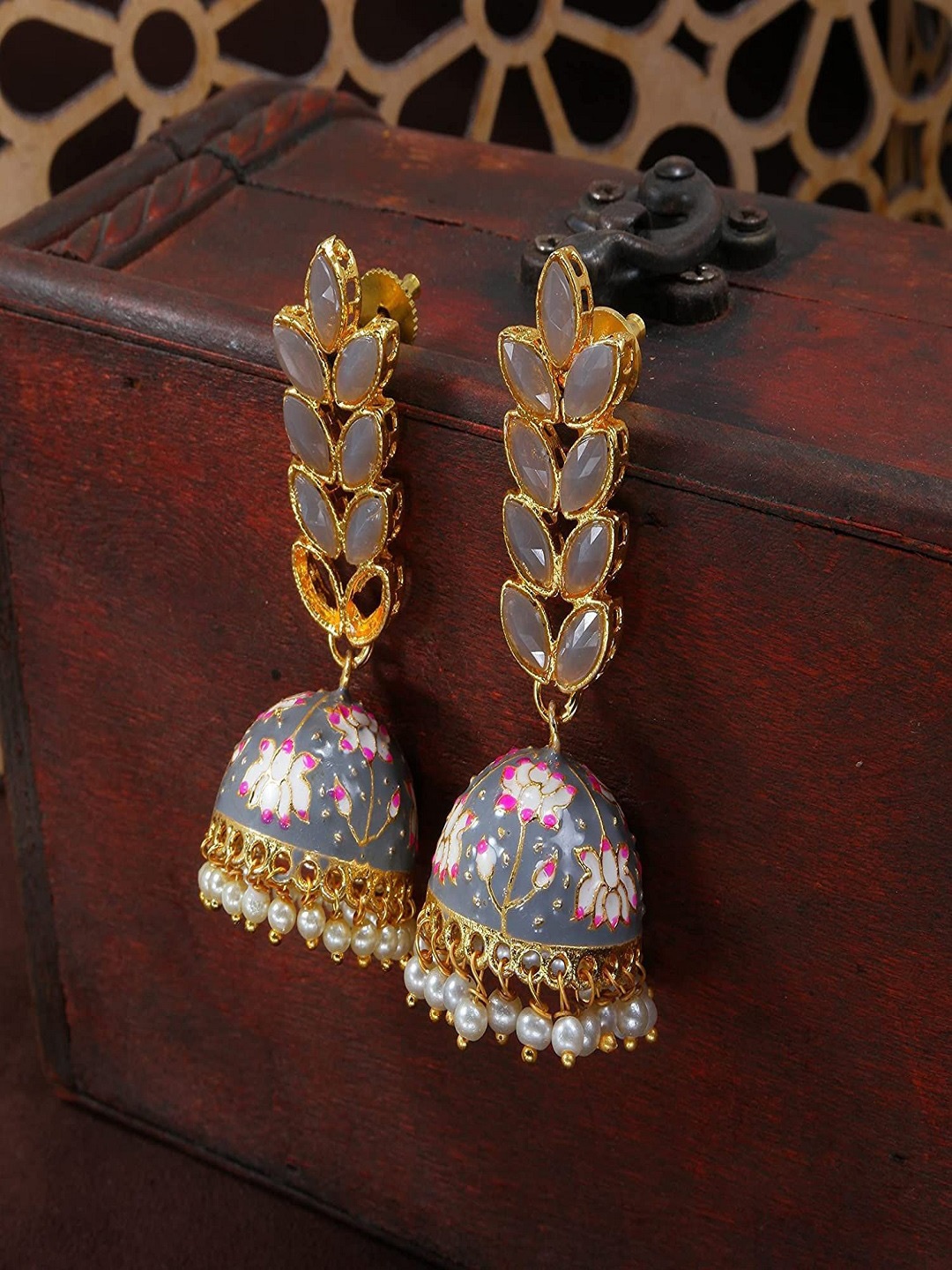 

I Jewels Gold-Toned & Grey Dome Shaped Jhumkas Earrings