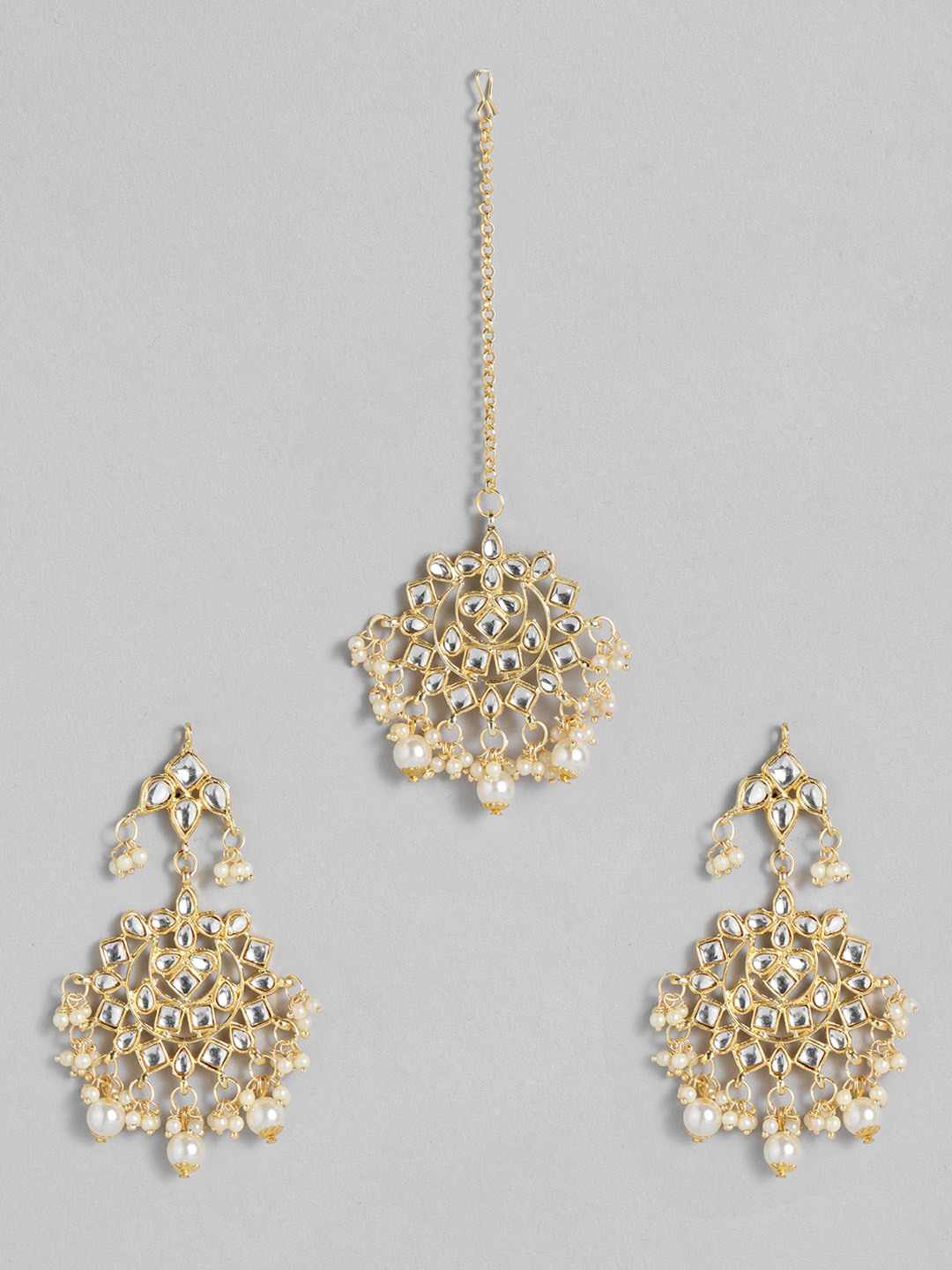 

I Jewels Gold-Plated White Kundan Studded & Beaded Classic Drop Earrings with Maang Tika