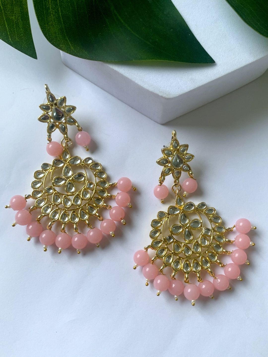 

I Jewels Pink Gold Plated Kundan & Faux Pearl Studded Chandbali Earrings