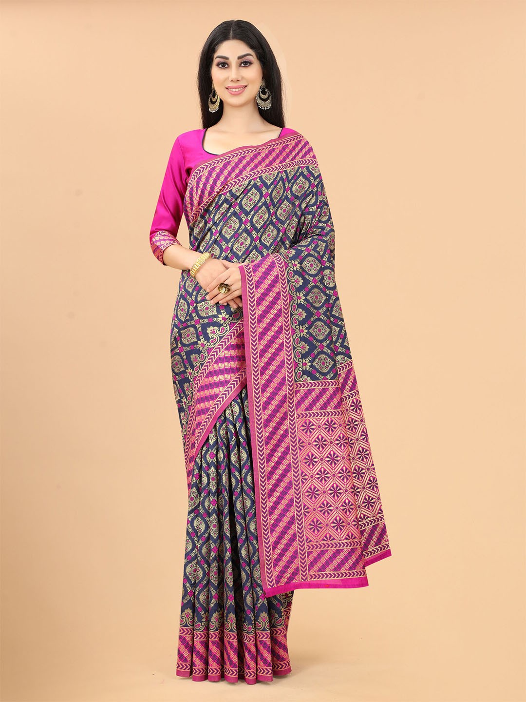 

SATYAM WEAVES Navy Blue & Pink Woven Design Zari Silk Cotton Banarasi Saree