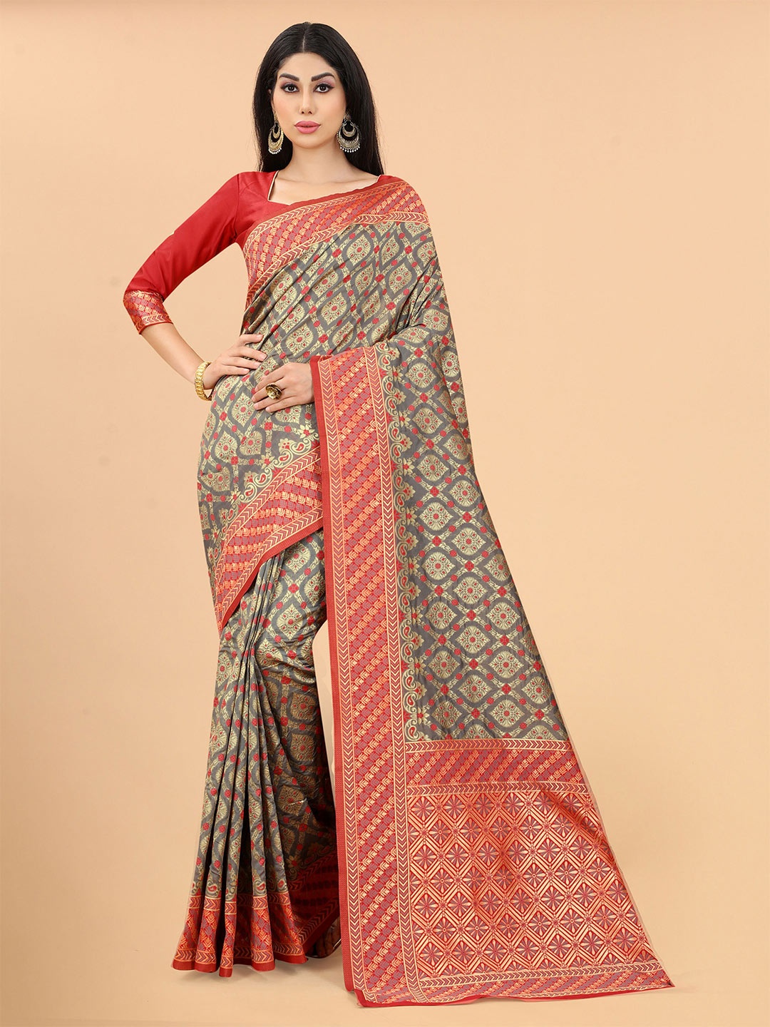 

SATYAM WEAVES Grey & Red Woven Design Zari Silk Cotton Banarasi Saree