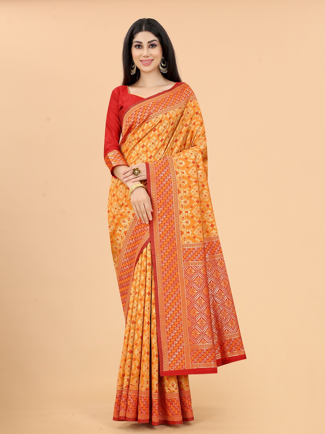 

SATYAM WEAVES Orange & Gold-Toned Woven Design Zari Silk Cotton Banarasi Saree