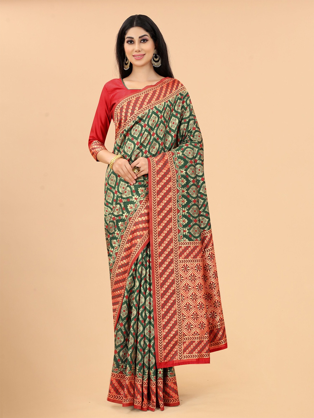 

SATYAM WEAVES Green & Red Woven Design Zari Silk Cotton Banarasi Saree