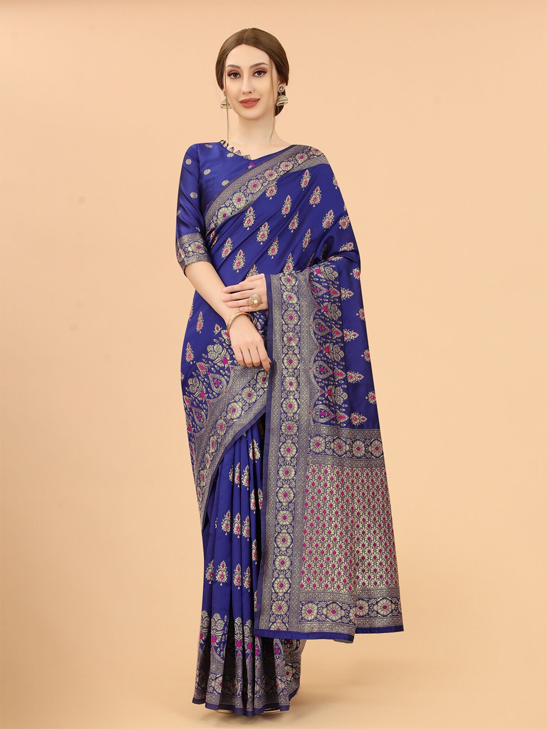 

SATYAM WEAVES Navy Blue & Pink Woven Design Zari Silk Cotton Banarasi Saree