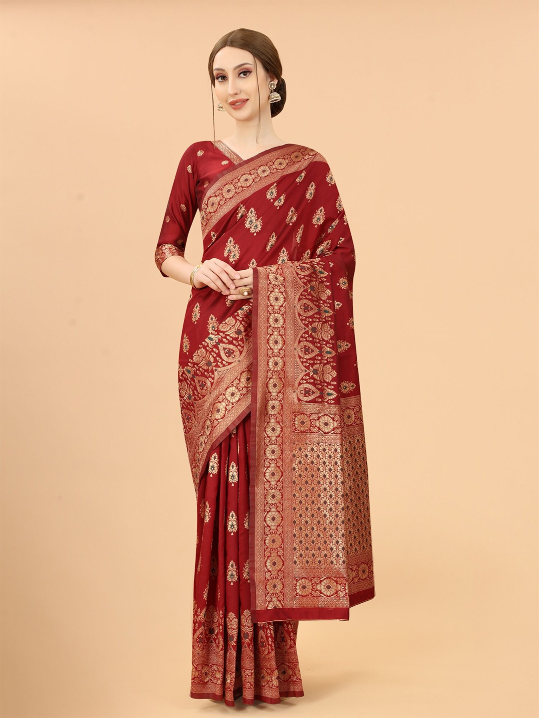 

SATYAM WEAVES Maroon & Gold-Toned Woven Design Zari Silk Cotton Banarasi Saree