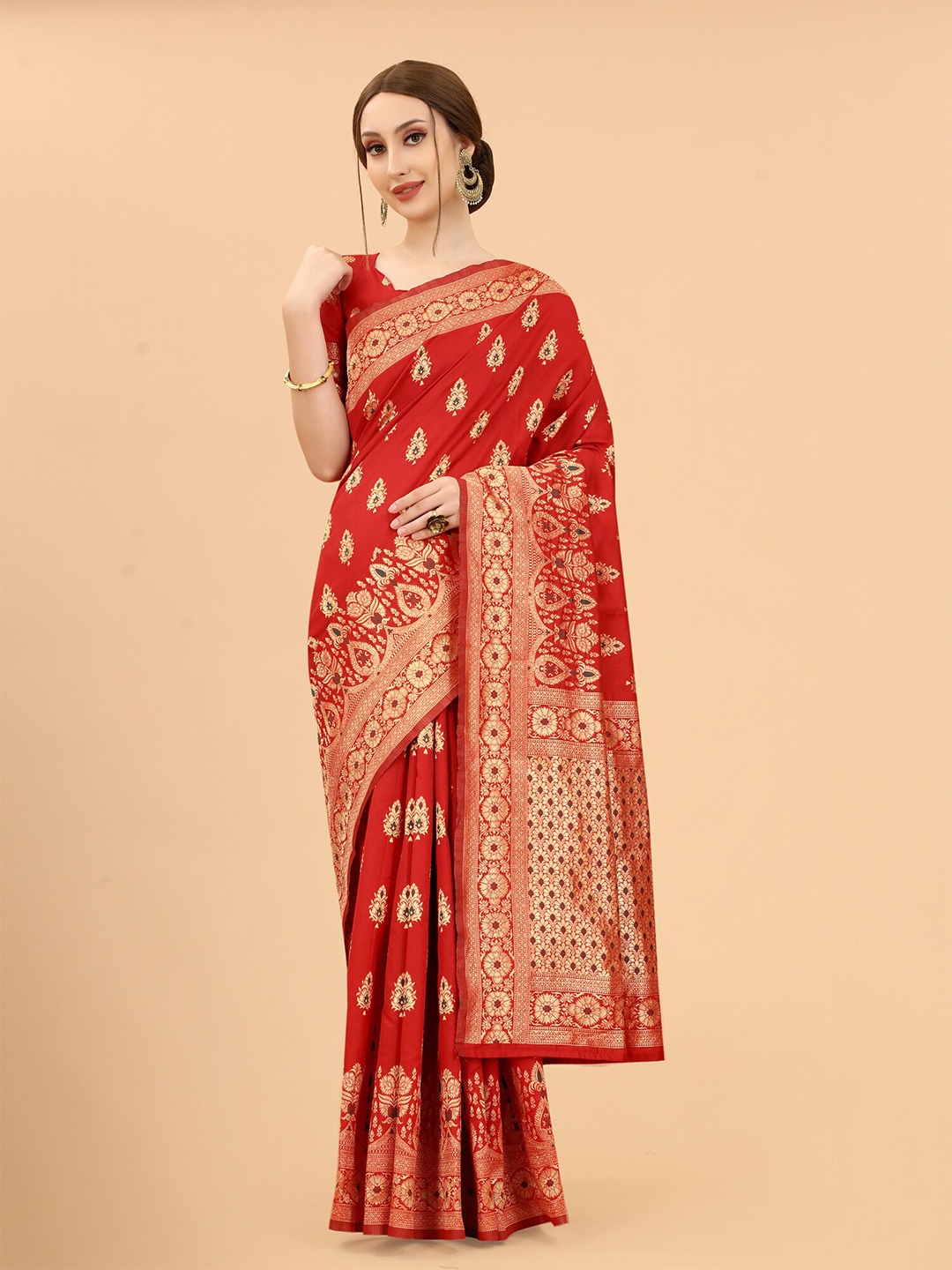 

SATYAM WEAVES Red & Gold-Toned Ethnic Motifs Zari Silk Cotton Banarasi Saree