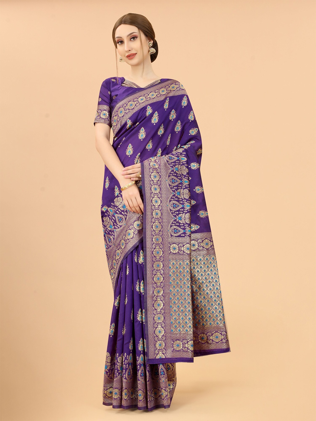 

SATYAM WEAVES Purple & Gold-Toned Ethnic Motifs Zari Silk Cotton Banarasi Saree