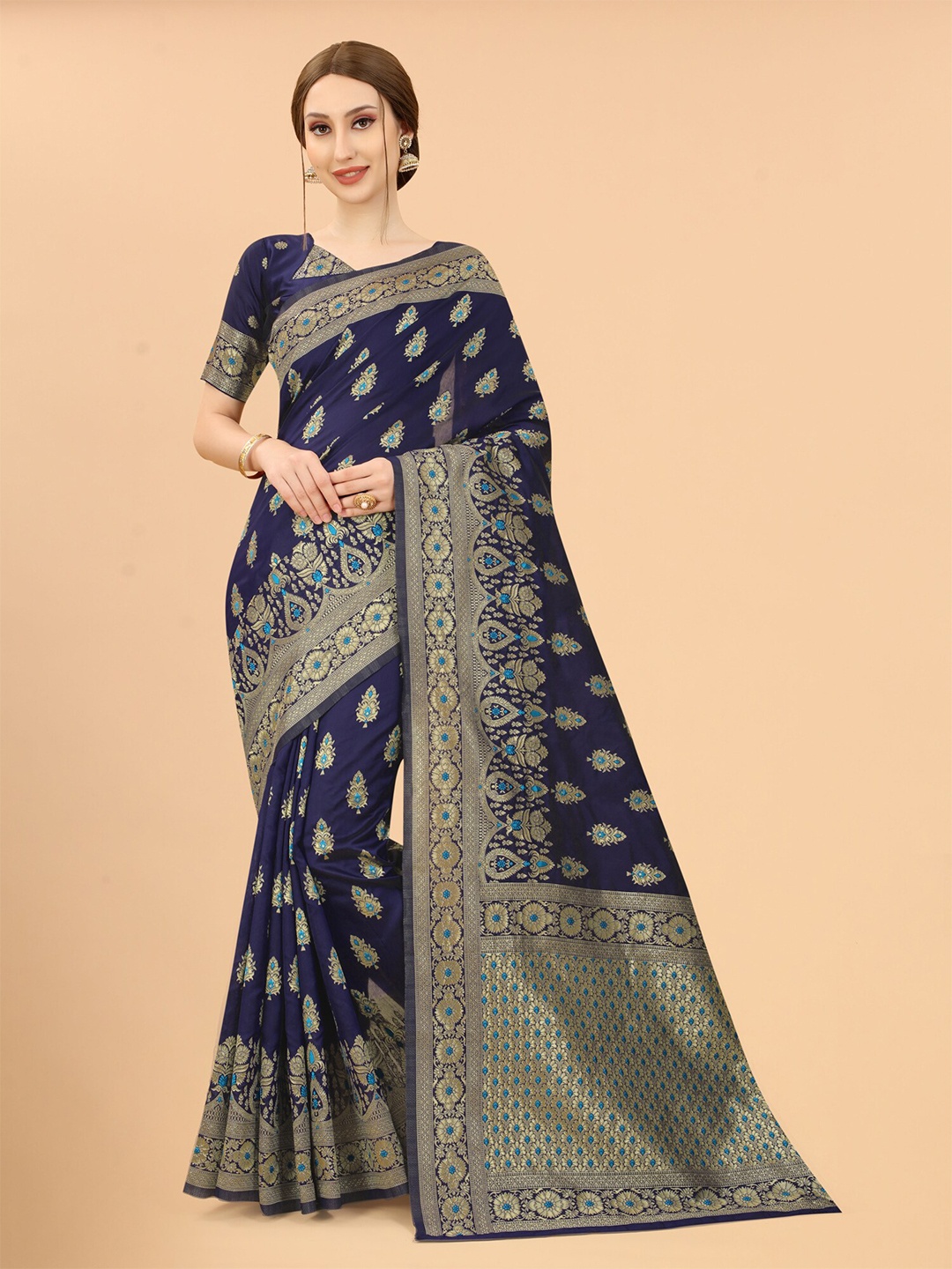 

SATYAM WEAVES Navy Blue & Gold-Toned Ethnic Motifs Zari Silk Cotton Banarasi Saree