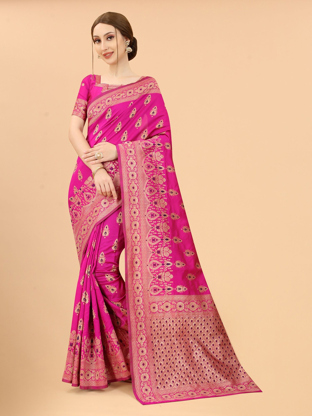 

SATYAM WEAVES Pink & Gold-Toned Ethnic Motifs Zari Silk Cotton Banarasi Saree