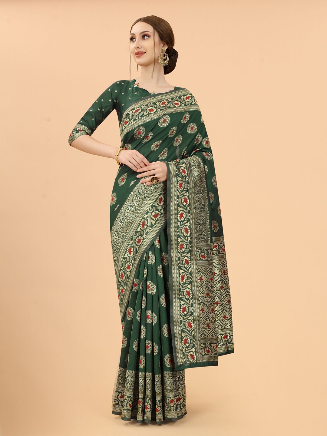 

SATYAM WEAVES Green & Rose Gold Woven Design Zari Silk Cotton Banarasi Saree
