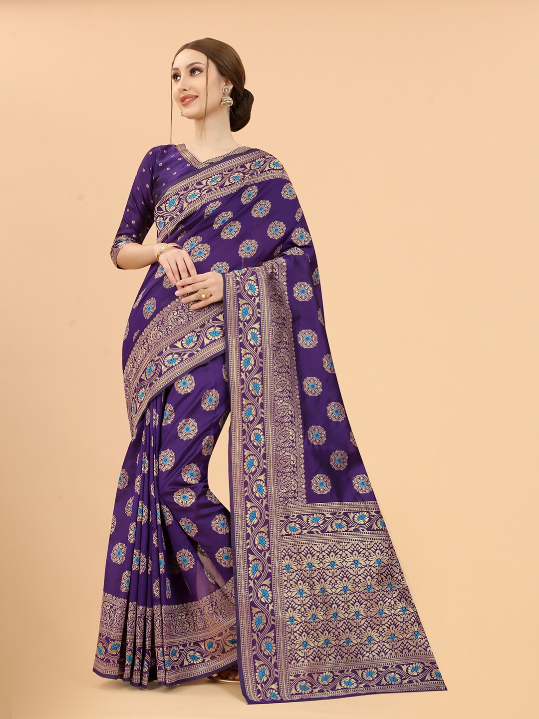 

SATYAM WEAVES Purple & Blue Woven Design Zari Silk Cotton Banarasi Saree
