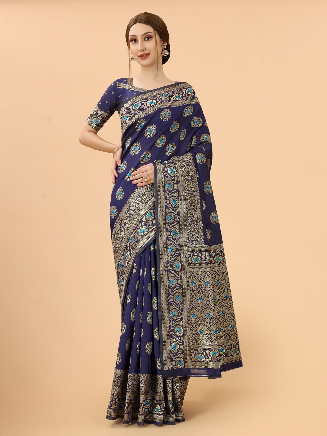 

SATYAM WEAVES Navy Blue & Blue Woven Design Zari Silk Cotton Banarasi Saree